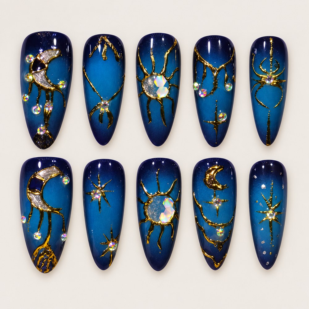 ACEGRIP Blue Orbit press-on nails in blue and gold tones, with crescent-moon motifs, style AN8004