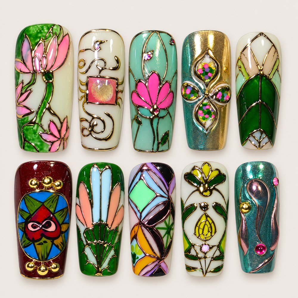 ACEGRIP Garden Mosaic press-on nails in green, cream, and multiple bright colors, with floral accents, style AN8005