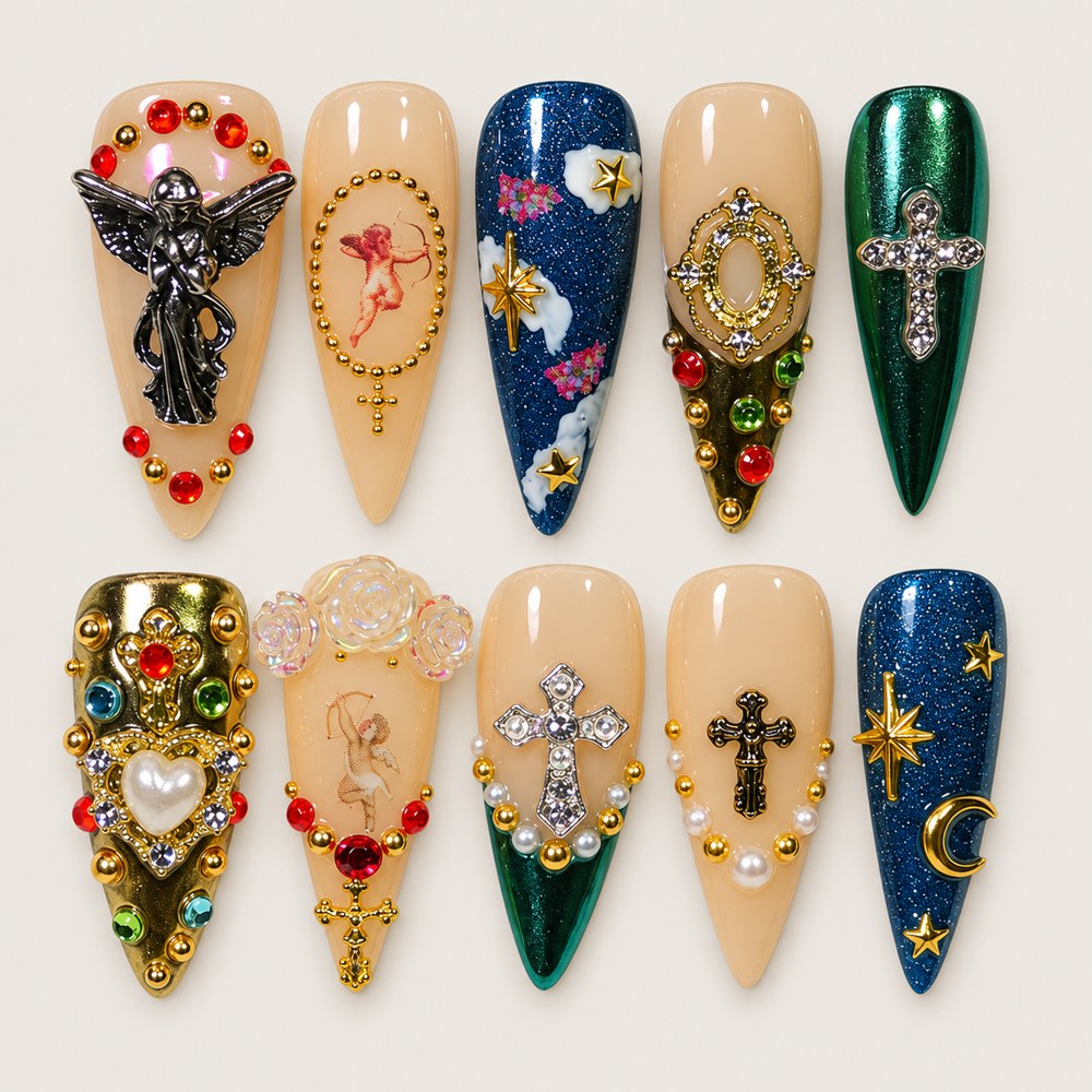 ACEGRIP Gilded Relics press-on nails in peach nude, blue, and gold tones, with ornamental frames, style AN8008