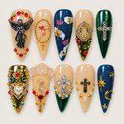 ACEGRIP Gilded Relics press-on nails in peach nude, blue, and gold tones, with ornamental frames, style AN8008