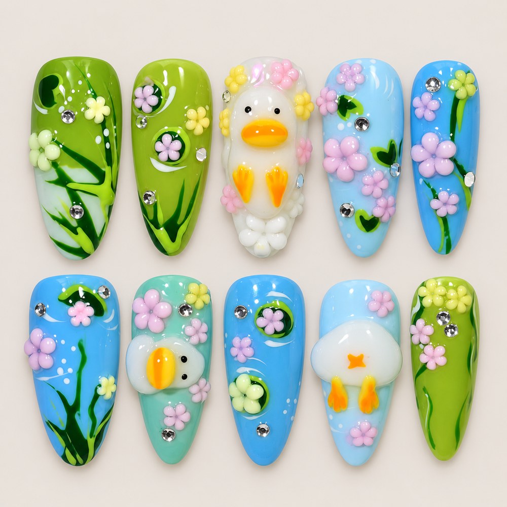ACEGRIP Meadow Duck press-on nails in lime green, blue, and green, with floral accents, style AN8011