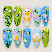 ACEGRIP Meadow Duck press-on nails in lime green, blue, and green, with floral accents, style AN8011
