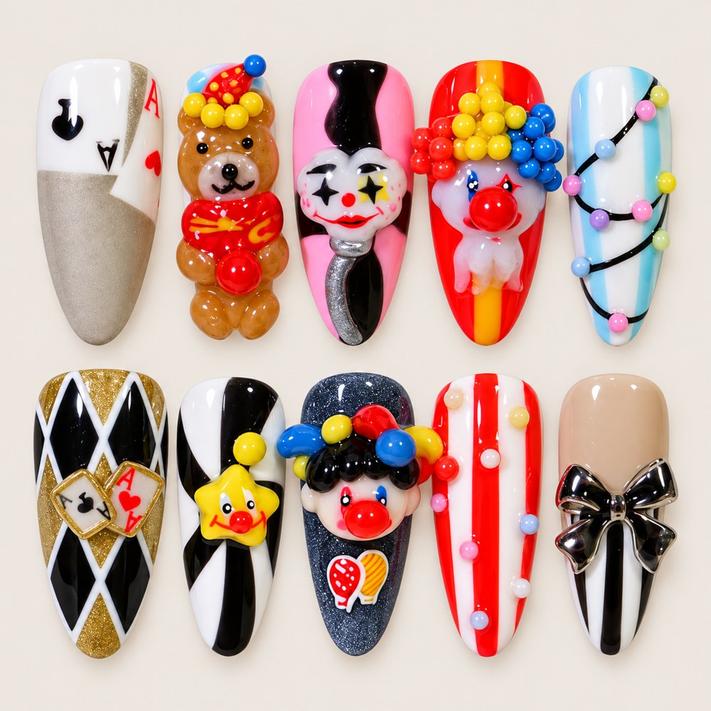 ACEGRIP Scarlet Diamond press-on nails in red, black, white, and yellow, with diamond patterns, style AN8013