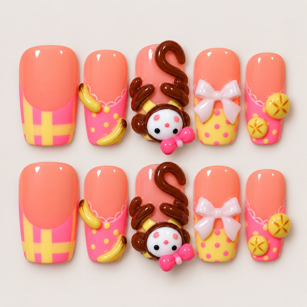 ACEGRIP Rose Checks press-on nails in pink, yellow, white, and brown, with check and grid patterns, style AN8014