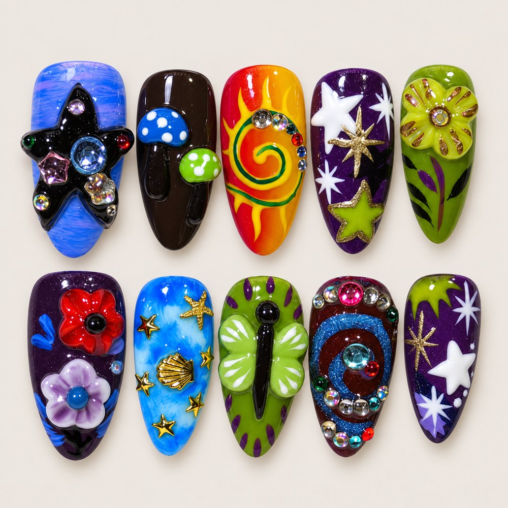 ACEGRIP Cosmic Collage press-on nails in blue, purple, lime green, and orange, with star motifs, style AN8018