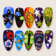 ACEGRIP Cosmic Collage press-on nails in blue, purple, lime green, and orange, with star motifs, style AN8018