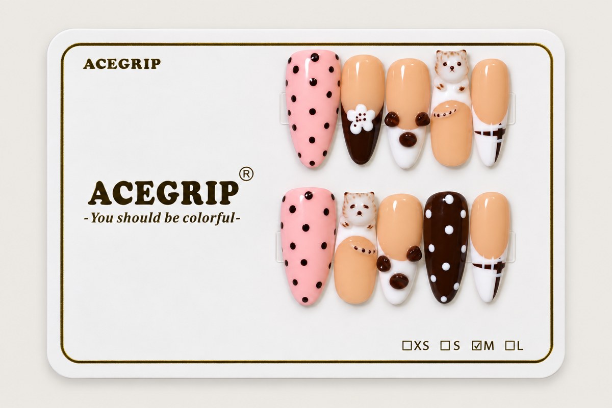 ACEGRIP Cocoa Petals, style AN8019, complete 10-nail set on its presentation card