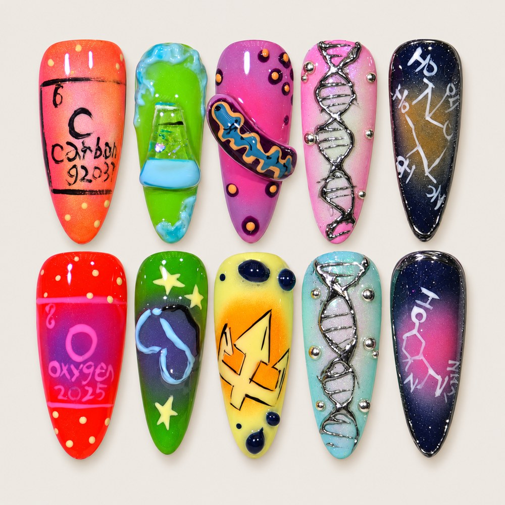 ACEGRIP Rose Lab Notes press-on nails in pink, purple, lime green, and blue, with science-inspired symbols, style AN8021