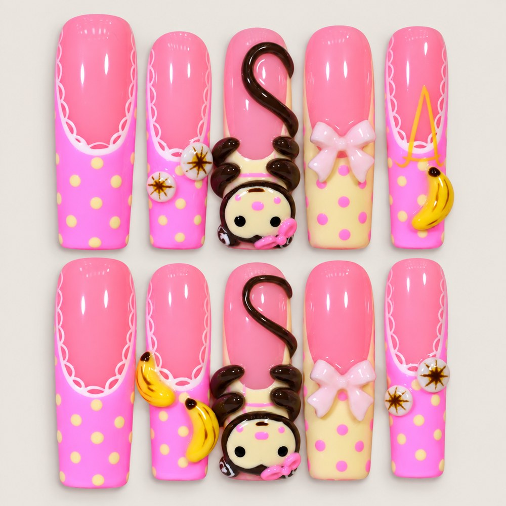ACEGRIP Rose Banana press-on nails in pink, yellow, brown, and white, with banana motifs, style AN8022