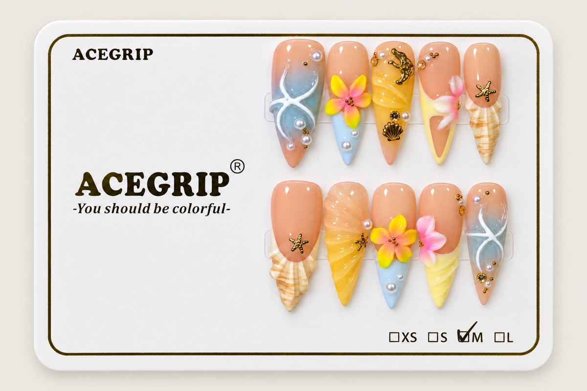 ACEGRIP Tidal Bloom, style AN8023, complete 10-nail set on its presentation card