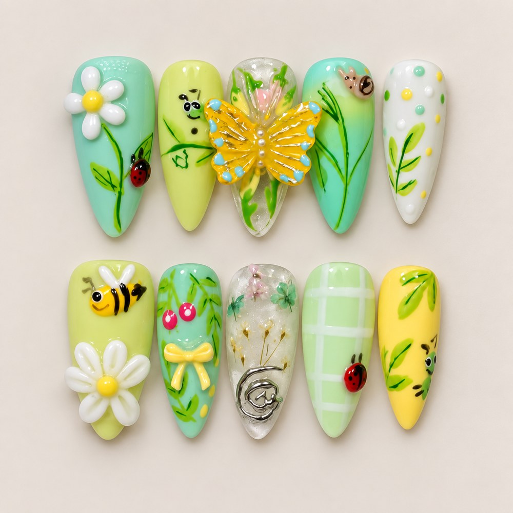 ACEGRIP Mint Bee Garden press-on nails in mint green, yellow, and white, with bee motifs, style AN8025