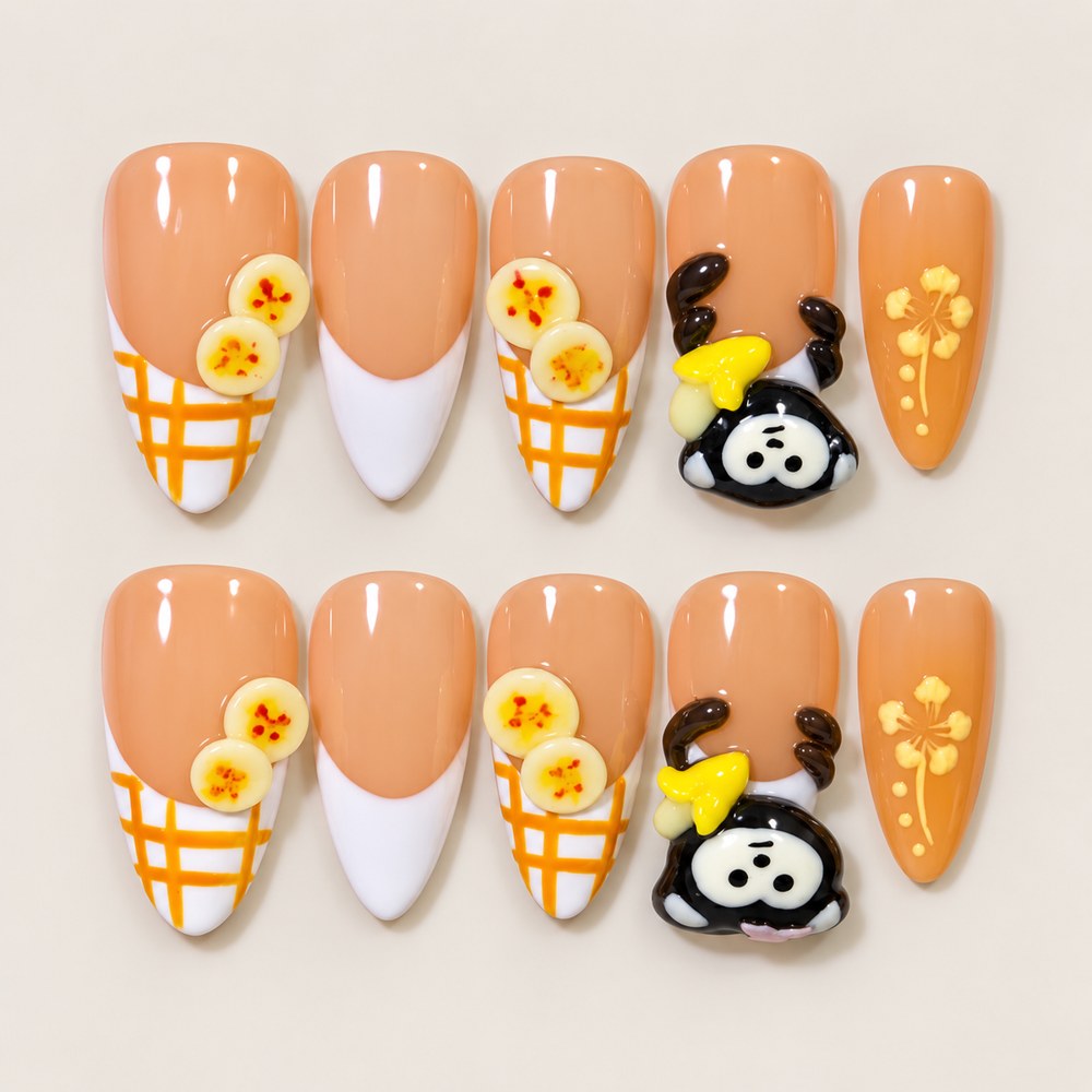 ACEGRIP Blush Checks press-on nails in peach nude, orange, yellow, and white, with check and grid patterns, style AN8028