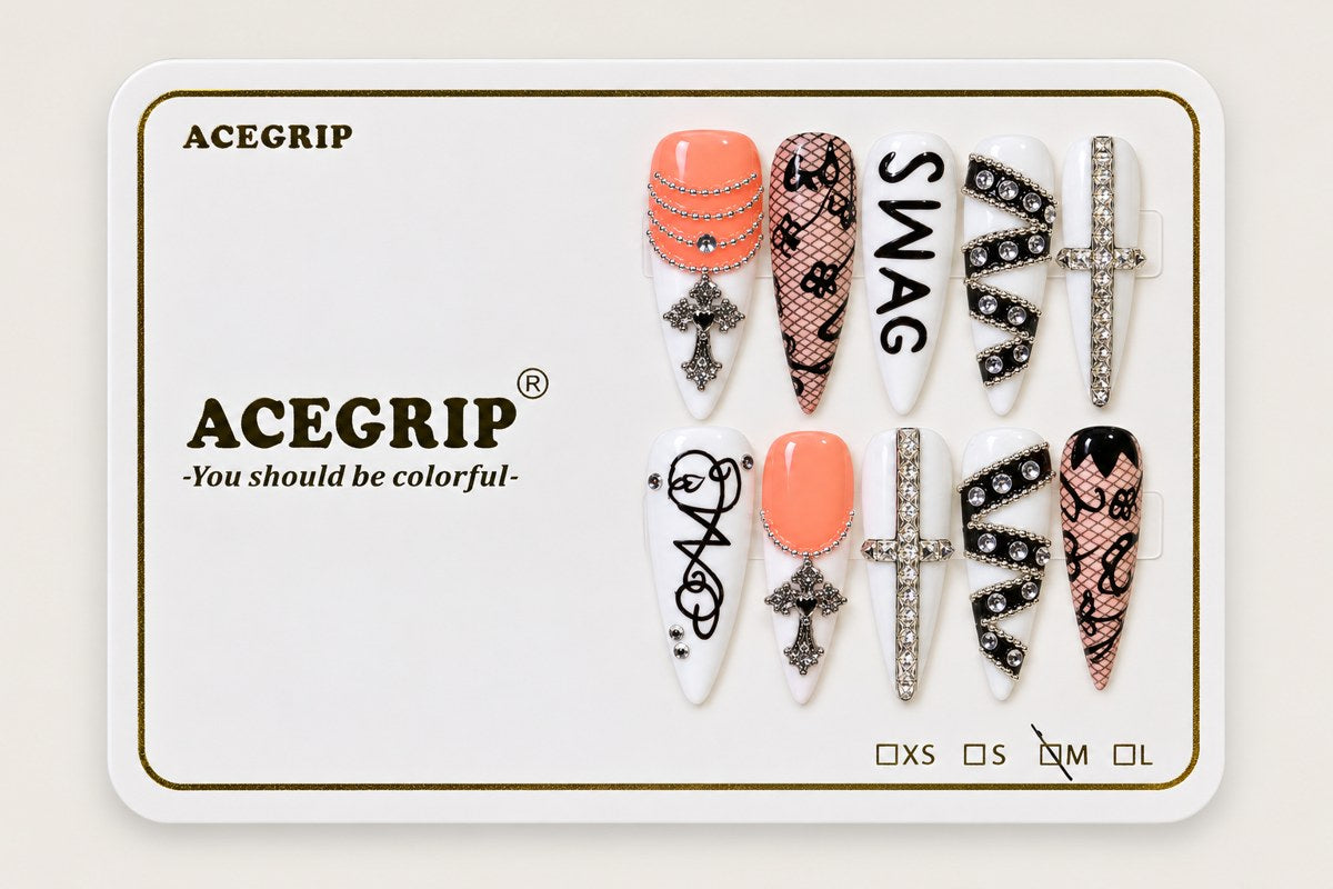 ACEGRIP Blush Cross, style AN8029, complete 10-nail set on its presentation card