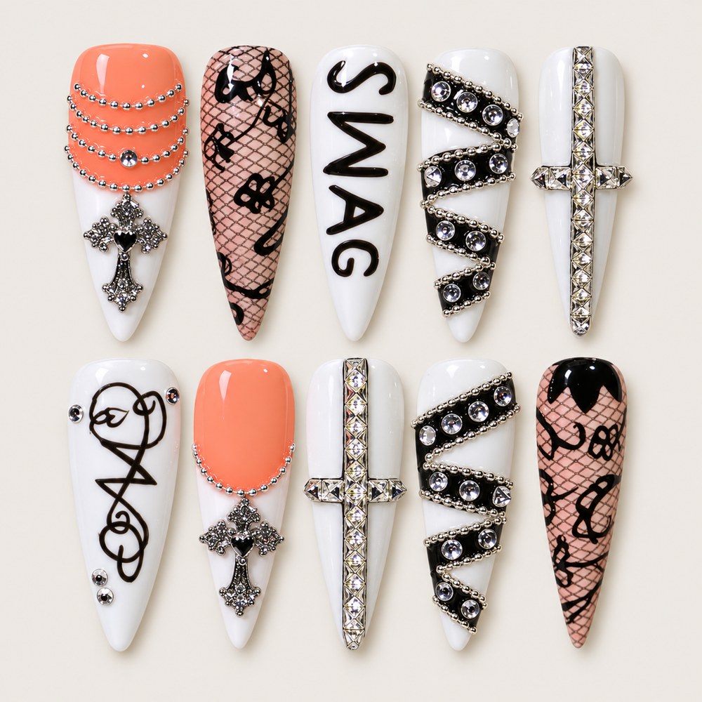 ACEGRIP Blush Cross press-on nails in peach nude, white, and black, with cross motifs, style AN8029