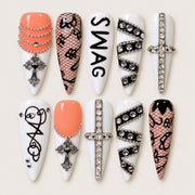 ACEGRIP Blush Cross press-on nails in peach nude, white, and black, with cross motifs, style AN8029