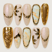 ACEGRIP Cream Gleam press-on nails in cream, gold tones, and white, with a shimmering finish, style AN8031