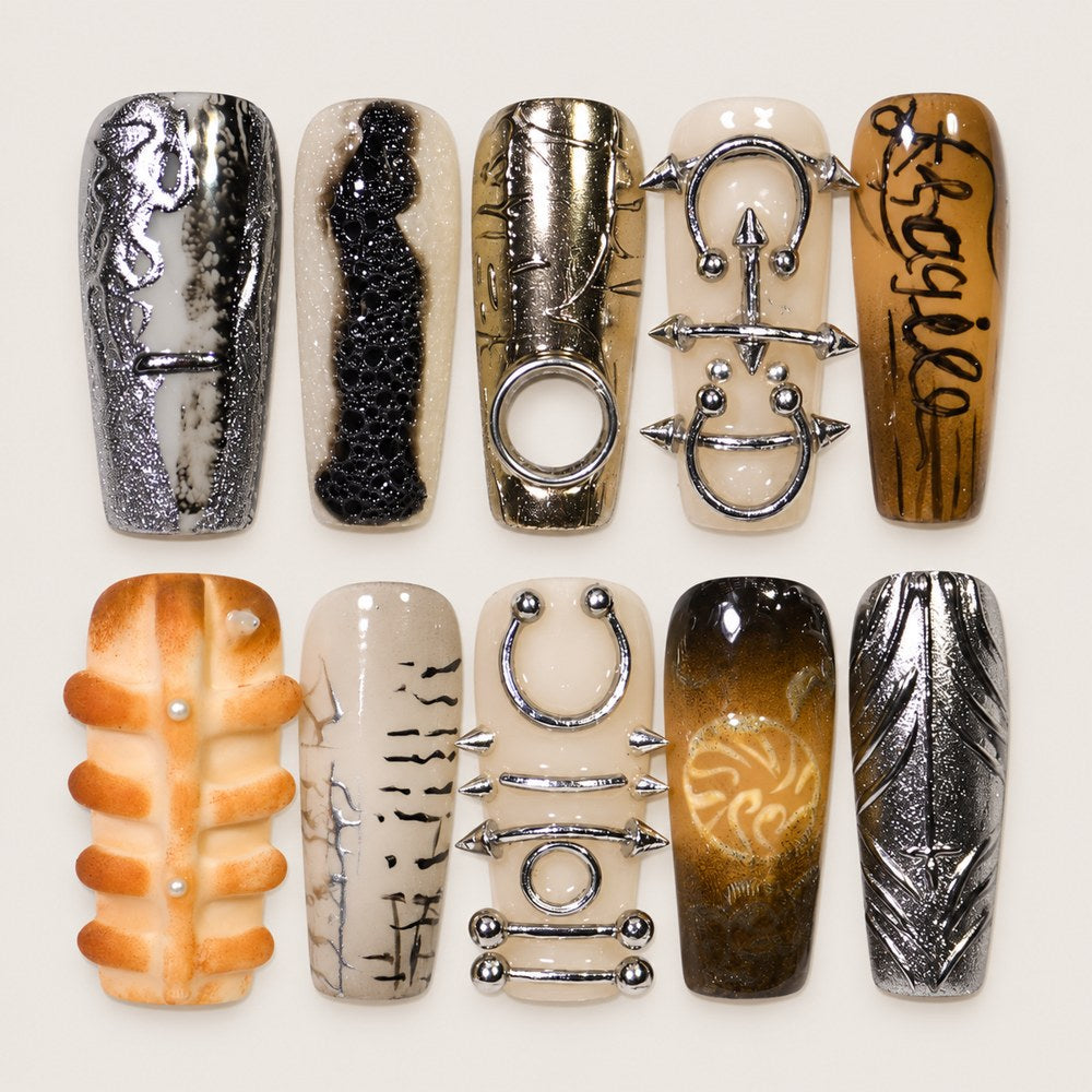 Onyx Linework - Metallic Line Art Press-On Nails