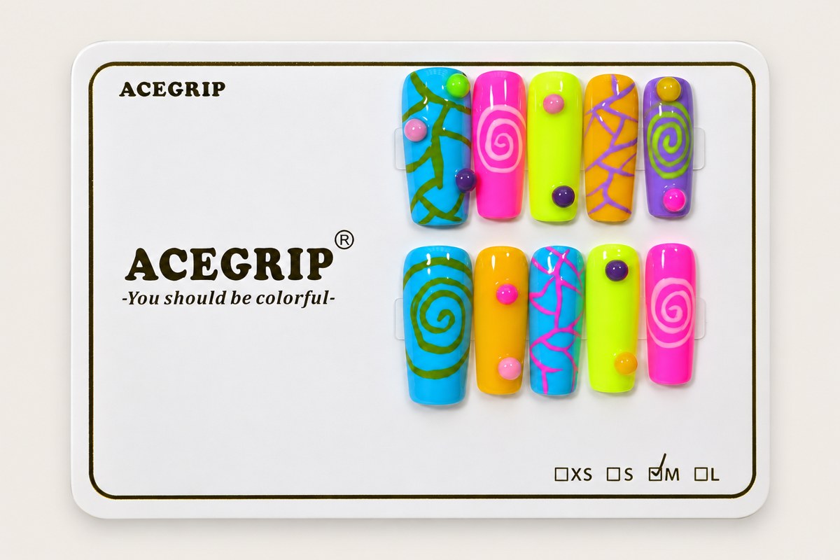 ACEGRIP Azure Spirals, style AN8034, complete 10-nail set on its presentation card