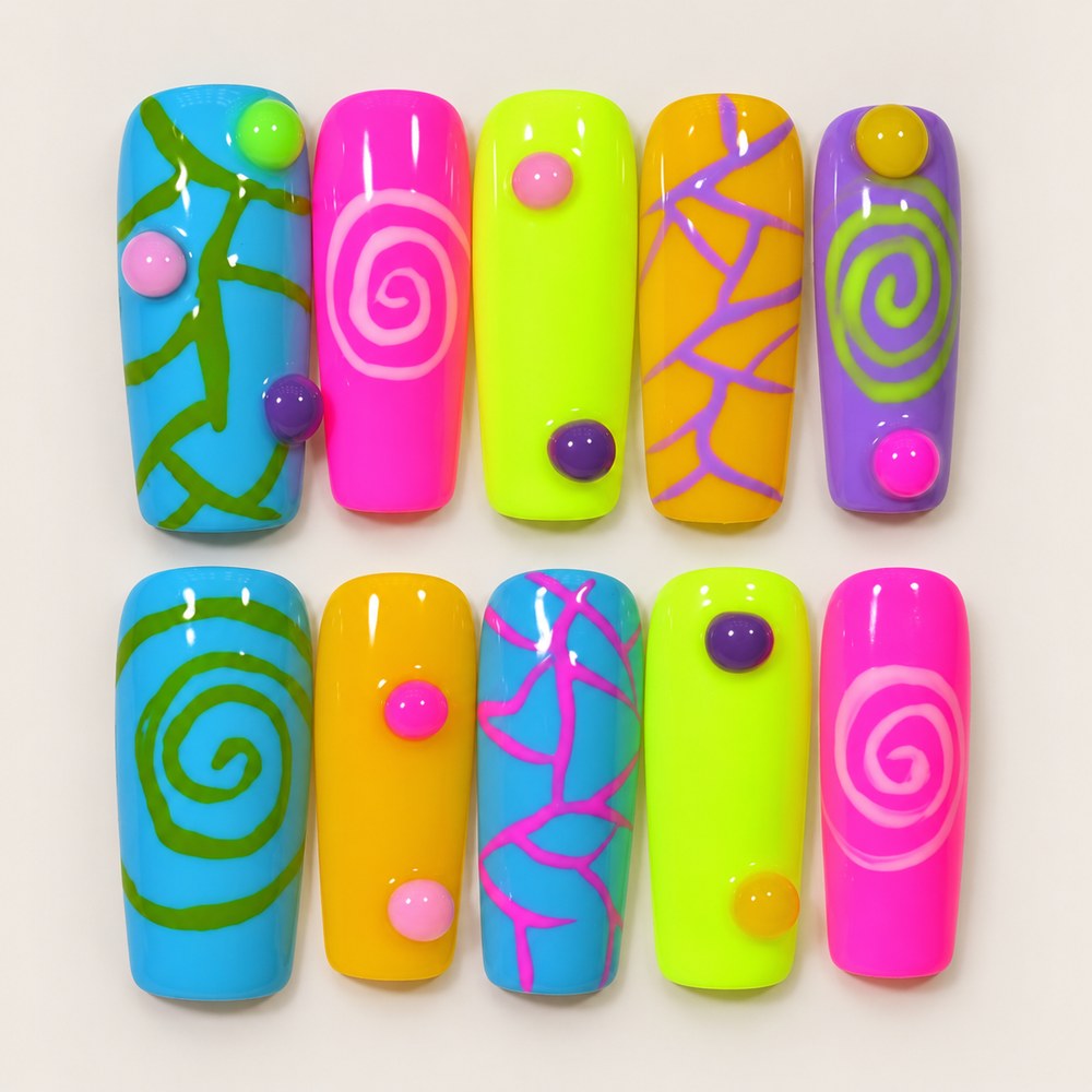 ACEGRIP Azure Spirals press-on nails in blue, pink, lime green, and yellow, with spiral patterns, style AN8034