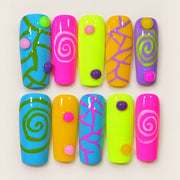 ACEGRIP Azure Spirals press-on nails in blue, pink, lime green, and yellow, with spiral patterns, style AN8034