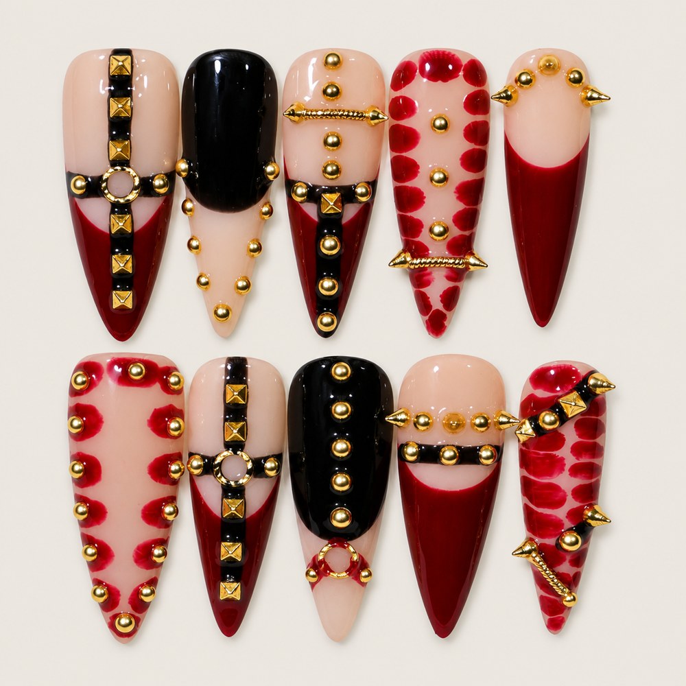 ACEGRIP Blush Beaded press-on nails in peach nude, red, black, and gold tones, with small bead accents, style AN8037