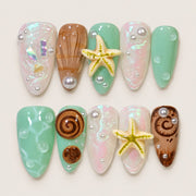 ACEGRIP Mint Shells press-on nails in mint green, brown, and white, with shell-inspired accents, style AN8038