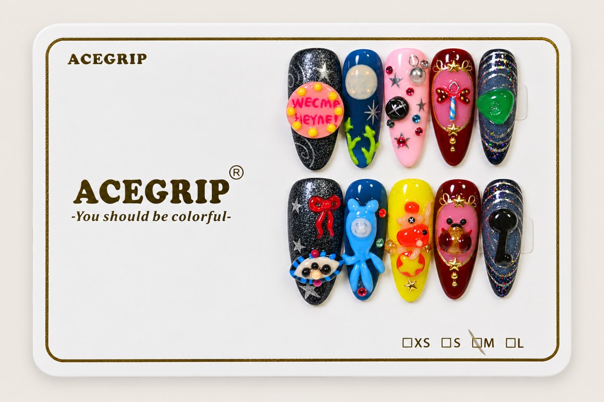 ACEGRIP Midnight Companions, style AN8040, complete 10-nail set on its presentation card
