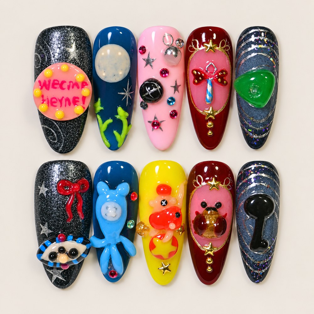 ACEGRIP Midnight Companions press-on nails in navy blue, pink, red, and lime green, with animal accents, style AN8040