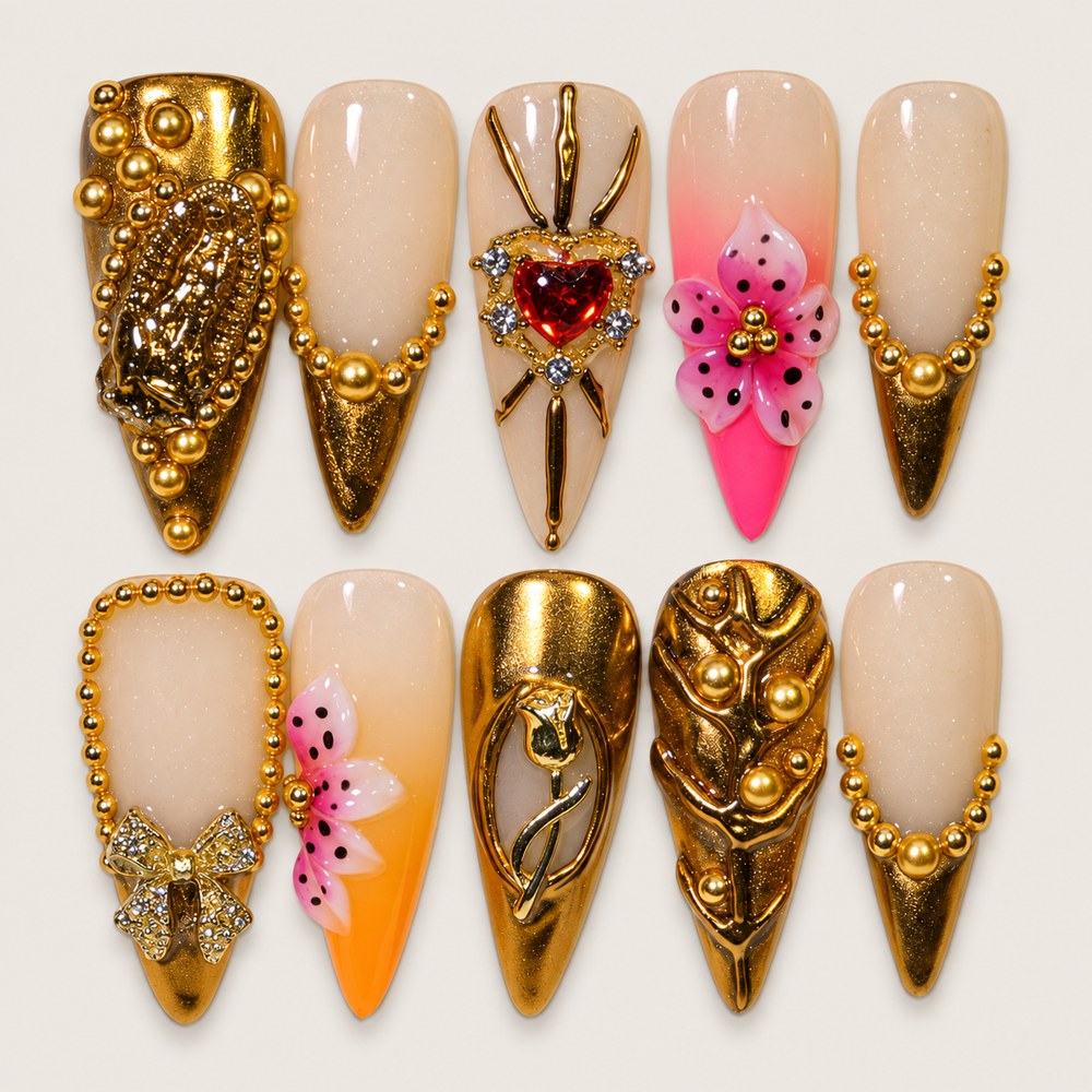 ACEGRIP Blush Cameo press-on nails in peach nude, pink, orange, and gold tones, with ornamental frames, style AN8041