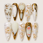 ACEGRIP Ivory Petals press-on nails in white, cream, and gold tones, with floral accents, style AN8042