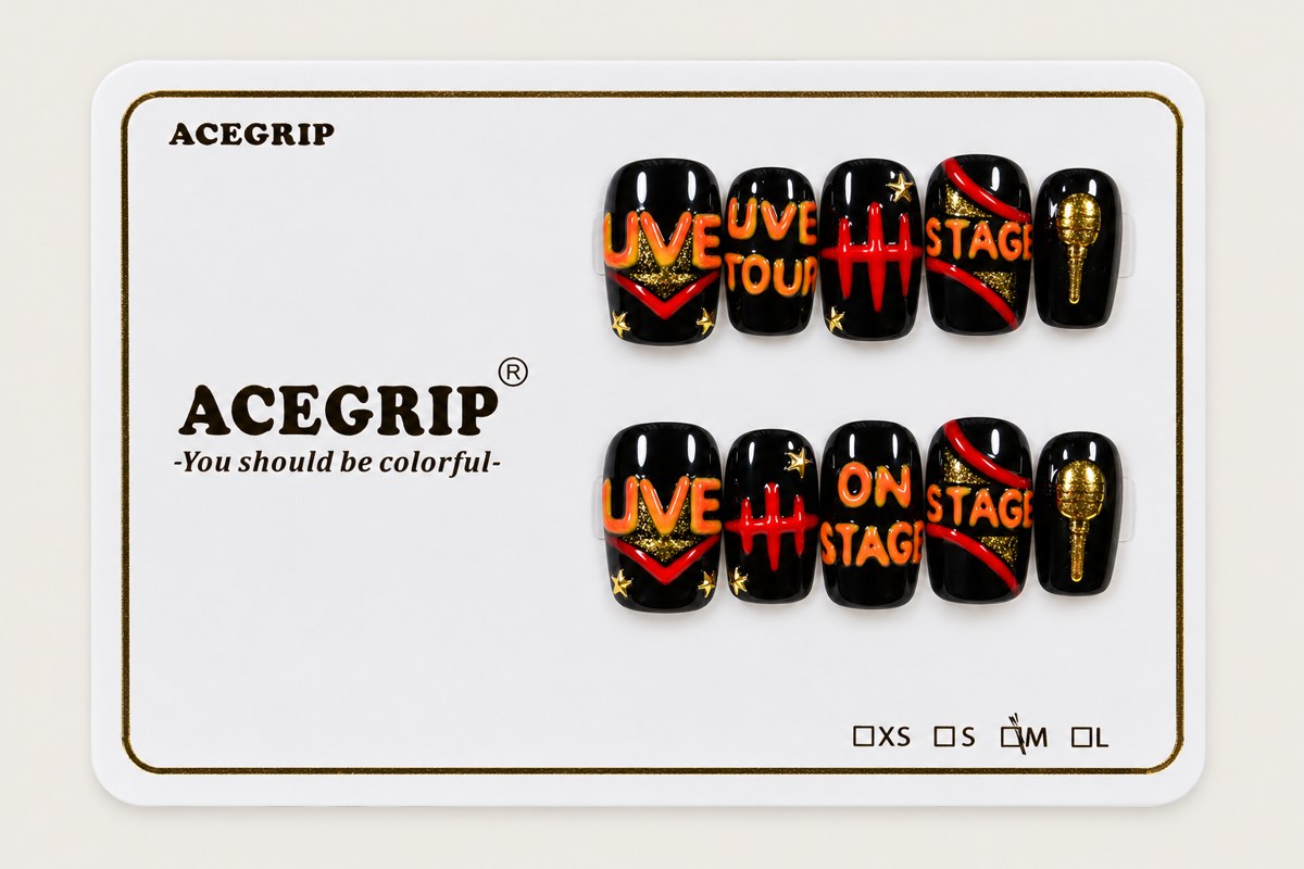 ACEGRIP Onyx Backstage, style AN8043, complete 10-nail set on its presentation card