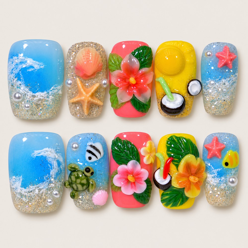 ACEGRIP Azure Waves press-on nails in blue, cream, yellow, and multiple bright colors, with wave patterns, style AN8044