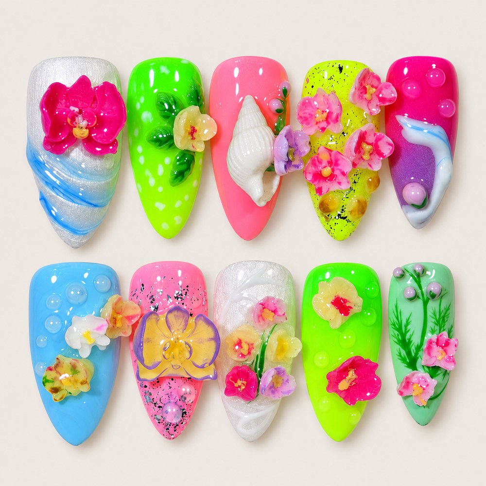 ACEGRIP Lime Petals press-on nails in lime green, pink, yellow, and blue, with floral accents, style AN8047