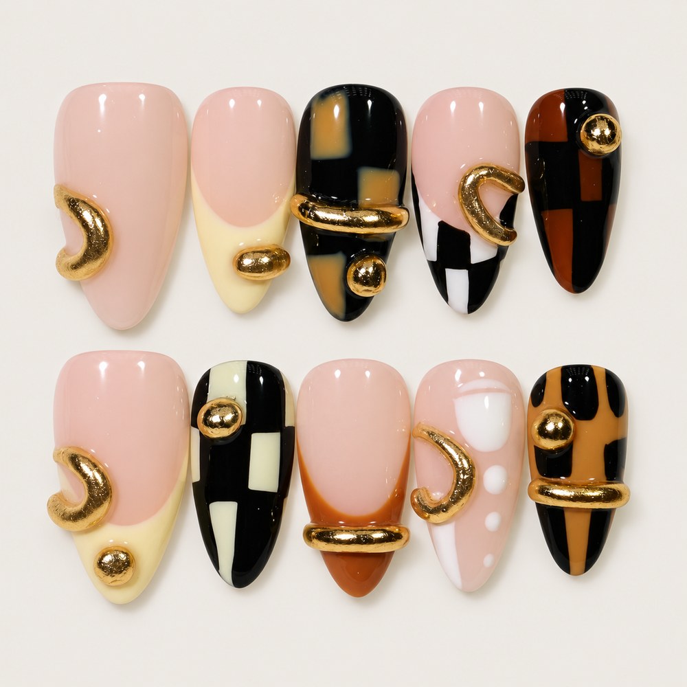 Blush Check French - Peach Nude Check And Grid & French Press-On Nails