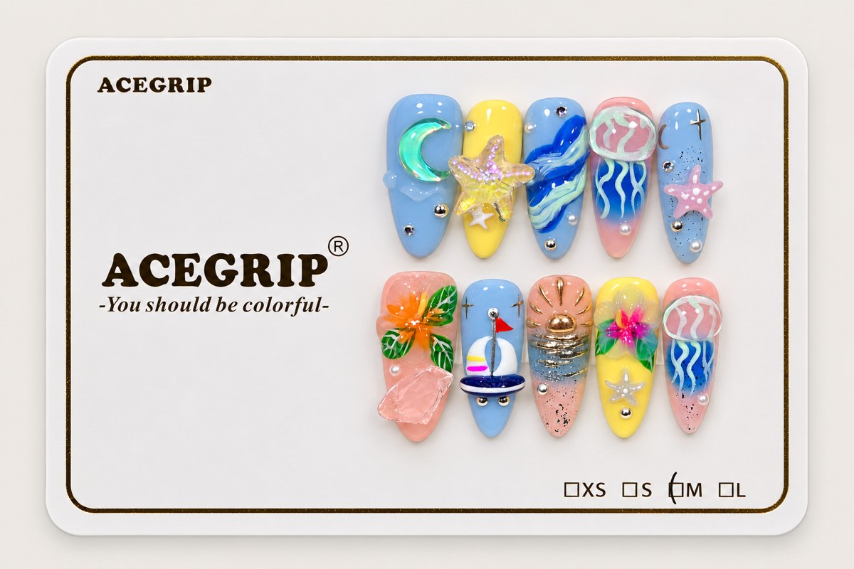 ACEGRIP Azure Seaside, style AN8051, complete 10-nail set on its presentation card