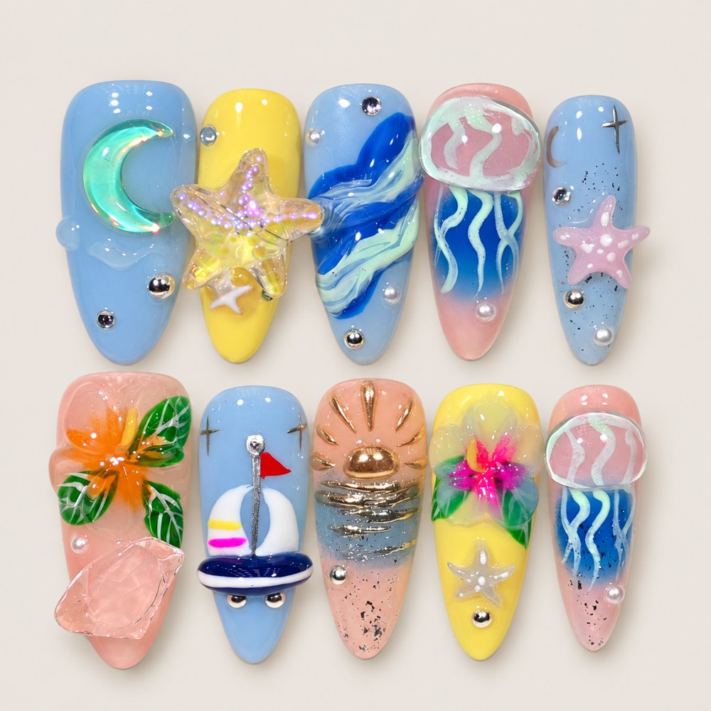 Azure Seaside - Blue Ocean & Floral Press-On Nails