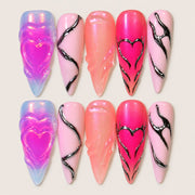 ACEGRIP Rose Hearts press-on nails in pink, purple, blue, and black, with heart motifs, style AN8053