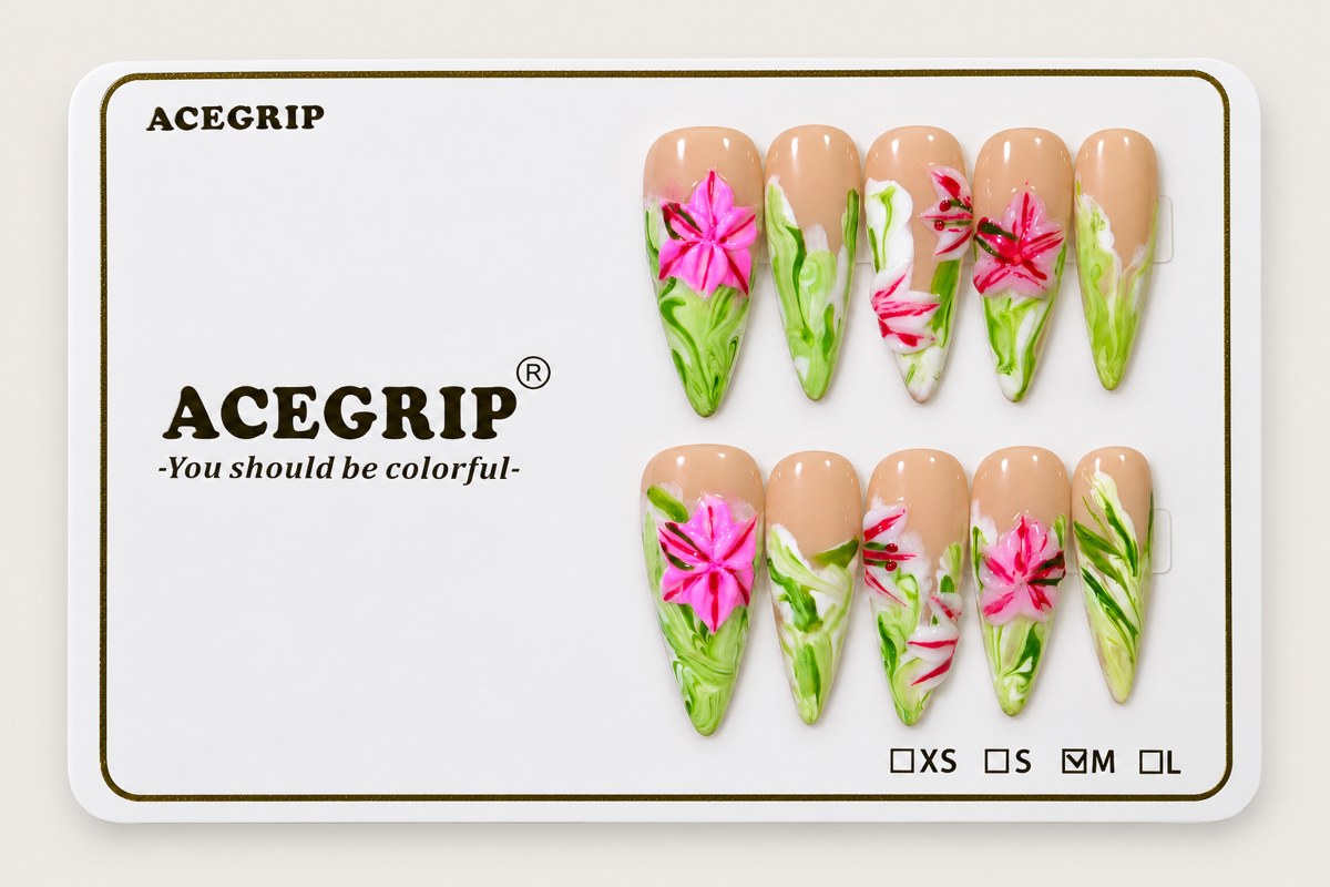 ACEGRIP Blush Petals, style AN8054, complete 10-nail set on its presentation card
