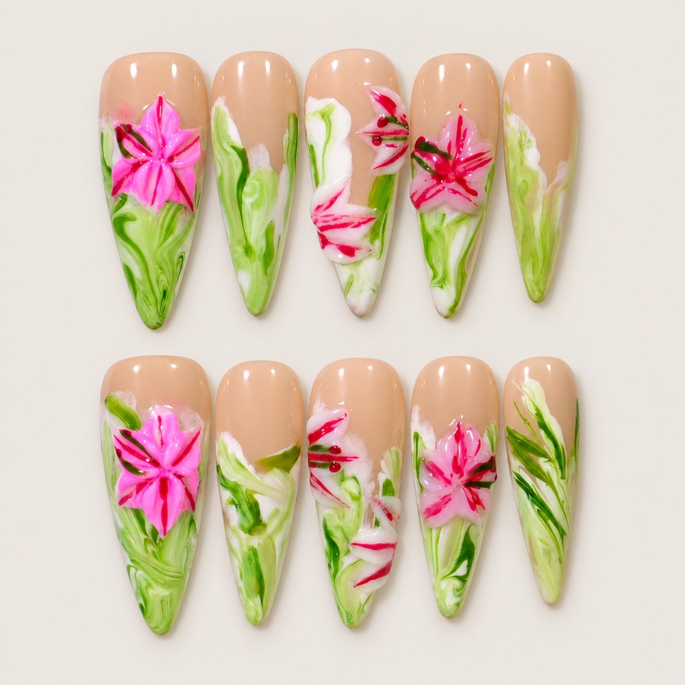 ACEGRIP Blush Petals press-on nails in peach nude, pink, green, and white, with floral accents, style AN8054