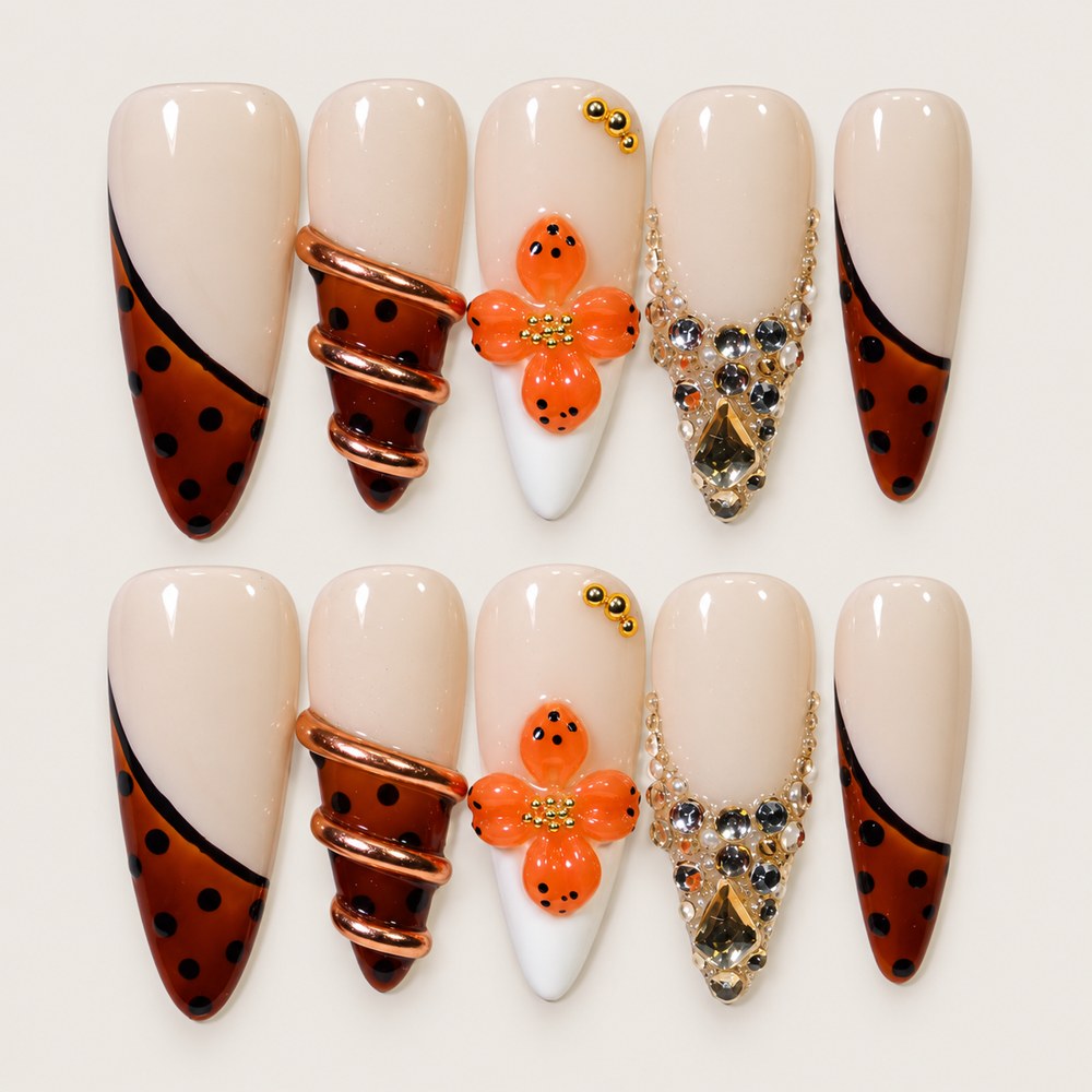 ACEGRIP Ivory French press-on nails in white, brown, orange, and black, with French-tip color blocking, style AN8055
