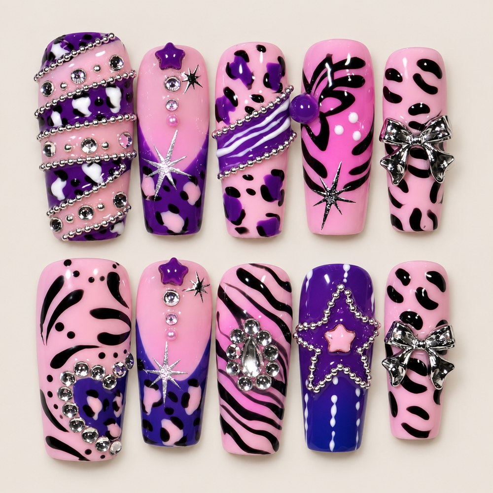 ACEGRIP Rose Spotted press-on nails in pink, purple, black, and silver tones, with leopard-like spots, style AN8056