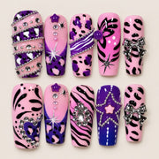 ACEGRIP Rose Spotted press-on nails in pink, purple, black, and silver tones, with leopard-like spots, style AN8056