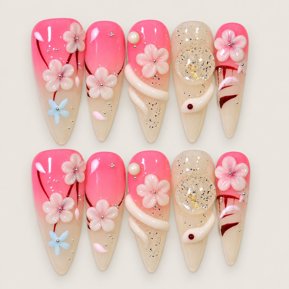 ACEGRIP Rose Bloom press-on nails in pink, peach nude, and white, with floral accents, style AN8062