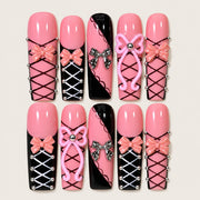 ACEGRIP Rose Laced press-on nails in pink, black, and silver tones, with crisscross lacing, style AN8063