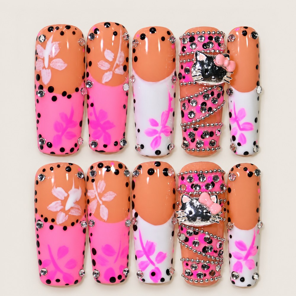 Rose Blossoms - Pink Floral & Polka Dot Press-On Nails