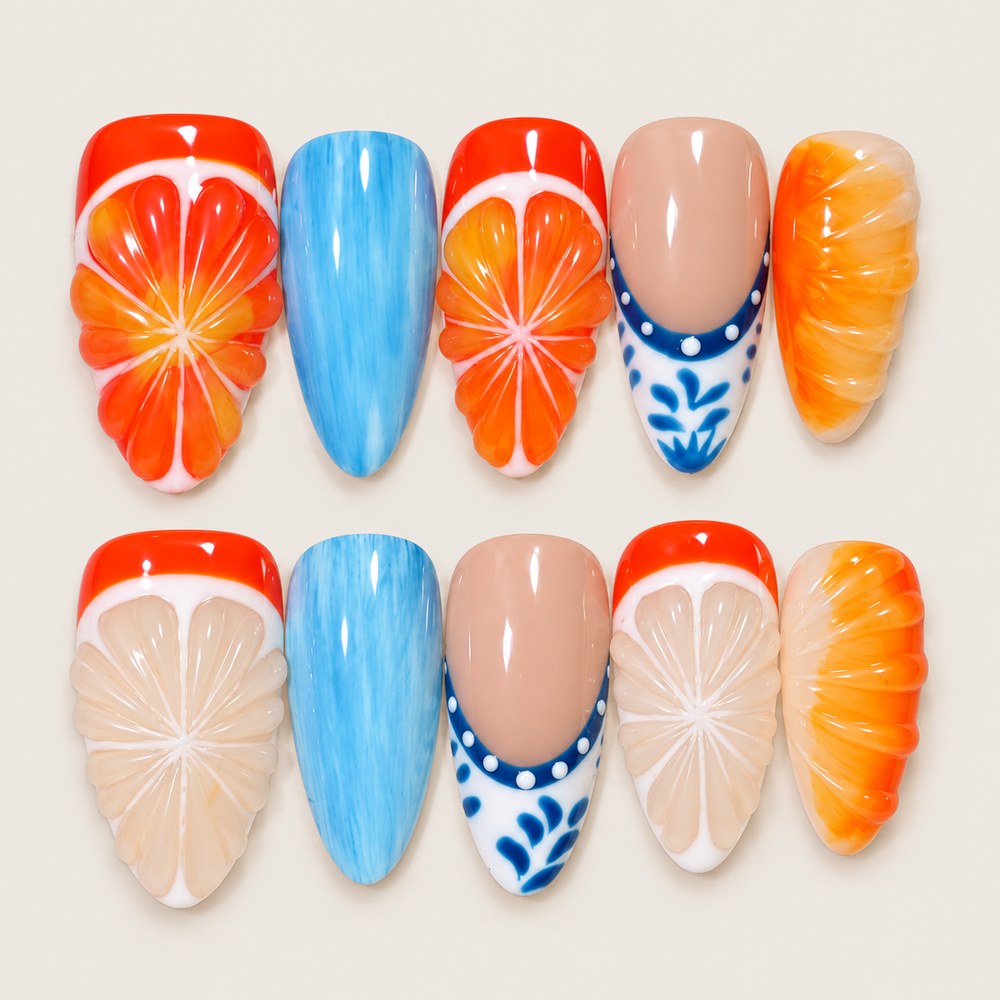 ACEGRIP Clementine Citrus press-on nails in orange, blue, peach nude, and white, with citrus-slice motifs, style AN8065