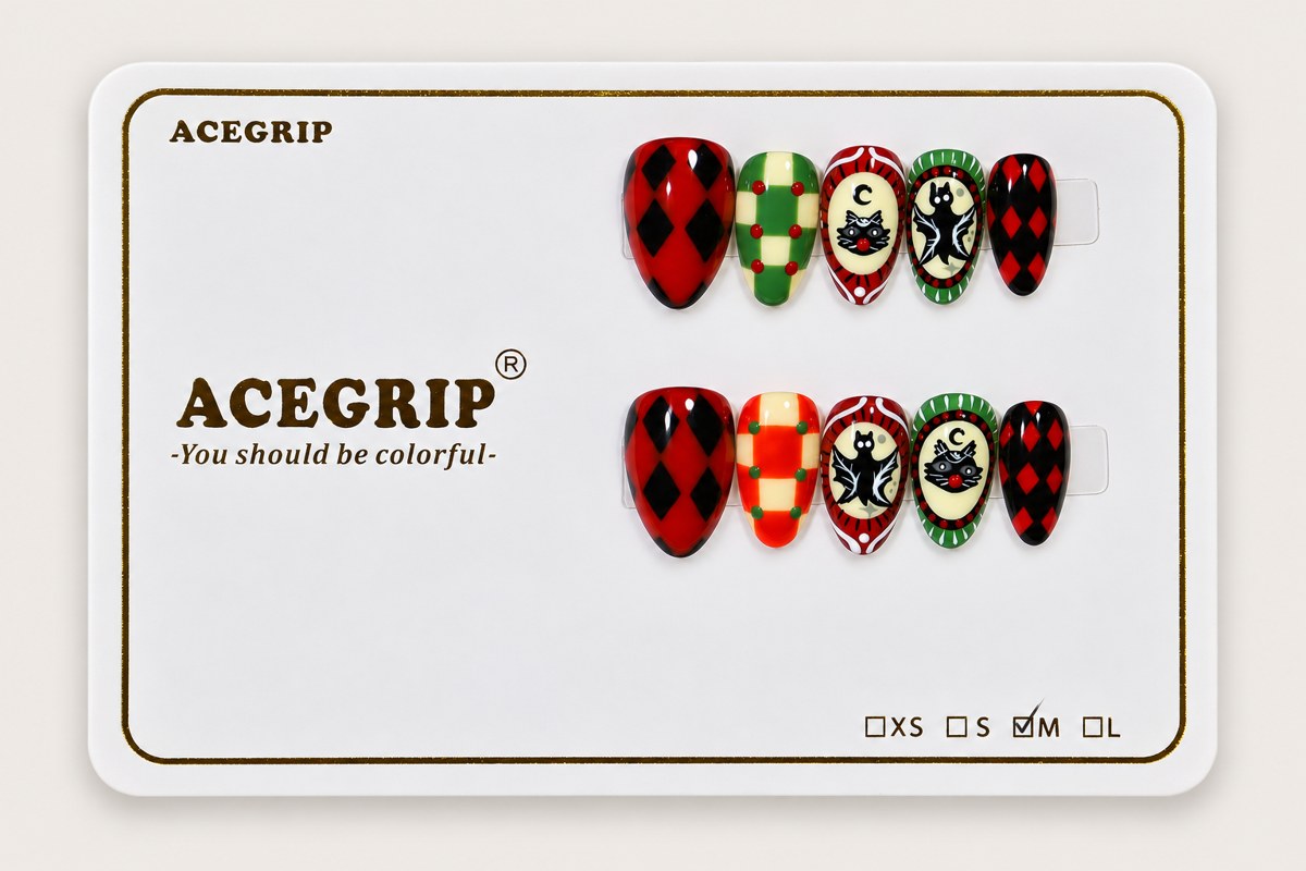 ACEGRIP Scarlet Diamond Checks, style AN8067, complete 10-nail set on its presentation card