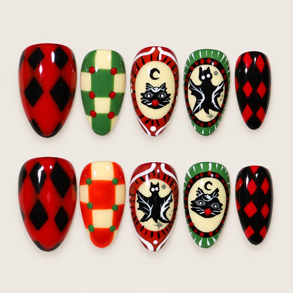 ACEGRIP Scarlet Diamond Checks press-on nails in red, black, green, and cream, with diamond patterns, style AN8067