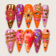 ACEGRIP Rose Garden press-on nails in pink, orange, gold tones, and purple, with floral accents, style AN8068