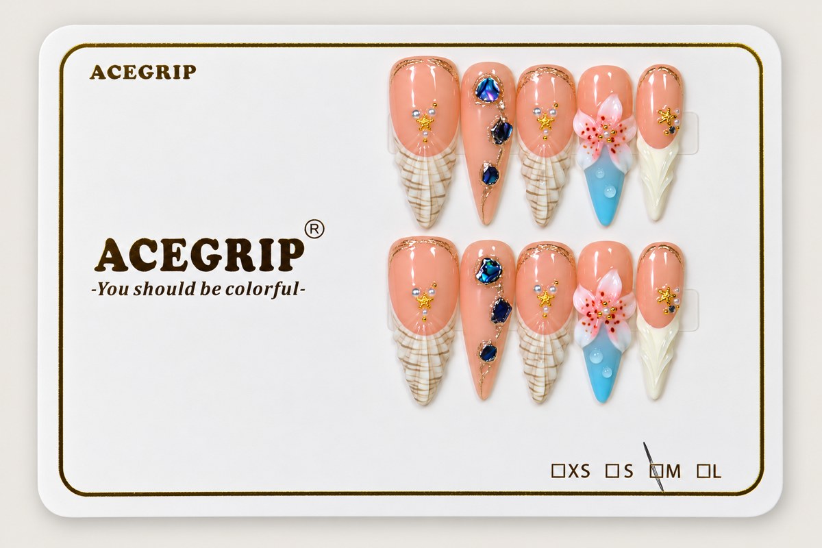 ACEGRIP Blush Check Petals, style AN8077, complete 10-nail set on its presentation card